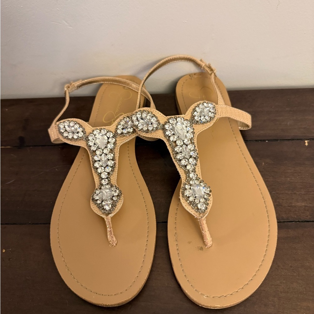 Jessica Simpson Tan Crystal T-Strap Sandals